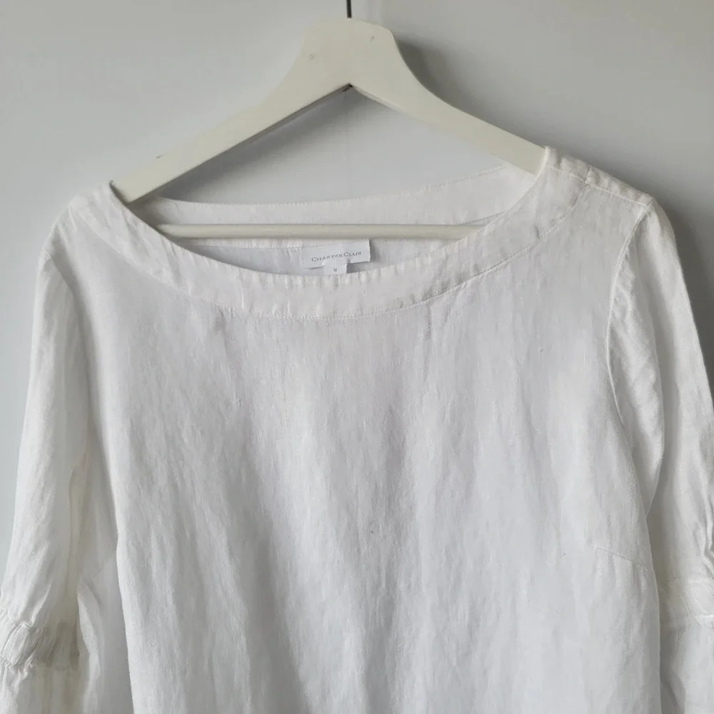 Charter Club women's 100% Linen Bell-Sleeve tie Top M beachy natural coastal - Picture 3 of 7